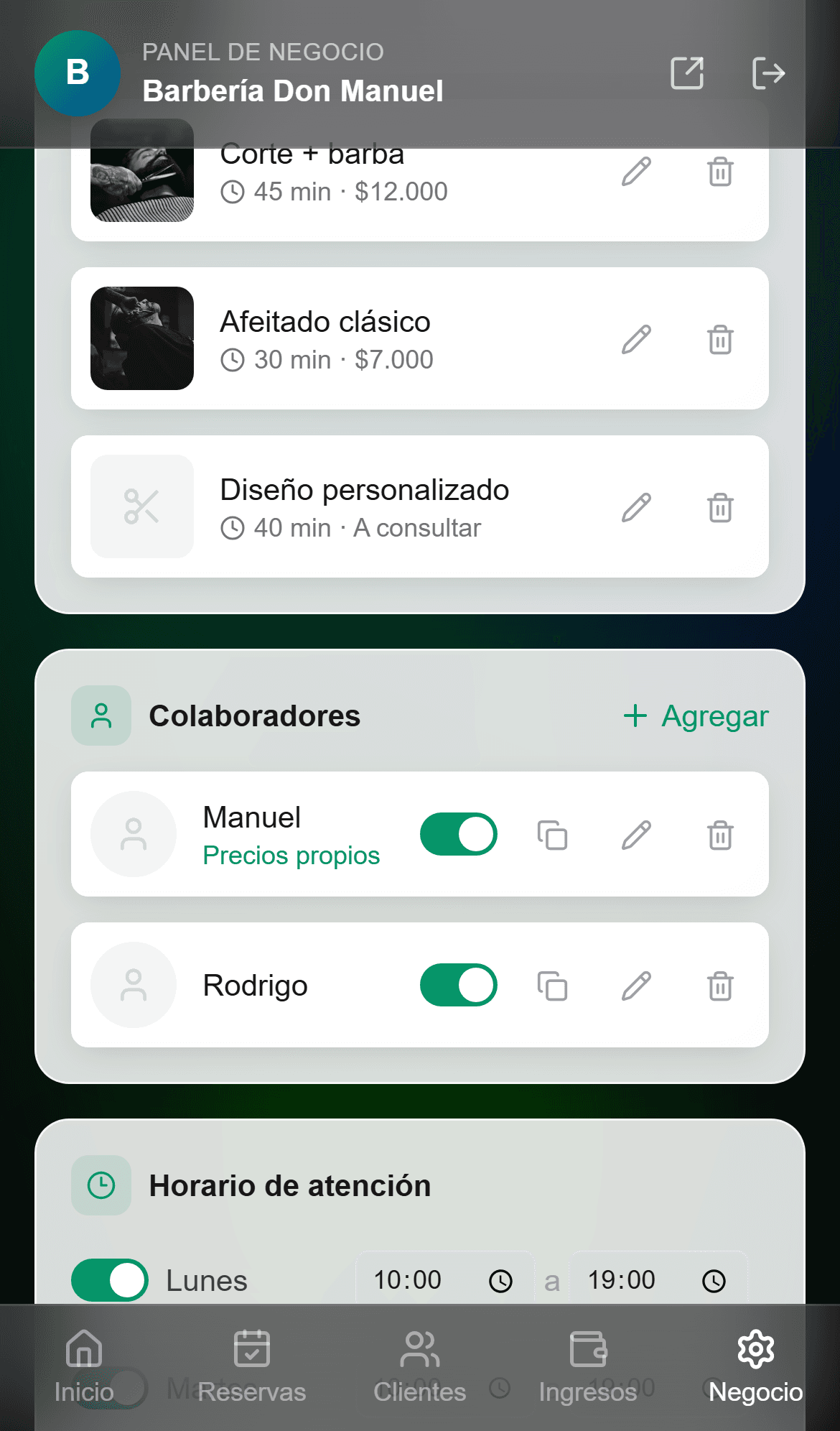 Panel con la lista de profesionales y sus links